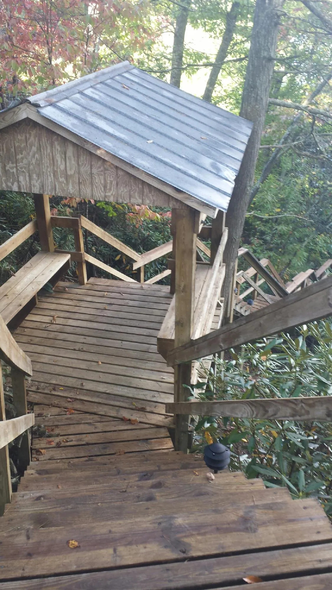 Metal roofed shelter over wooden steps on a wooded walkway — Skylight Repair & Installation work by our crew in Buckley